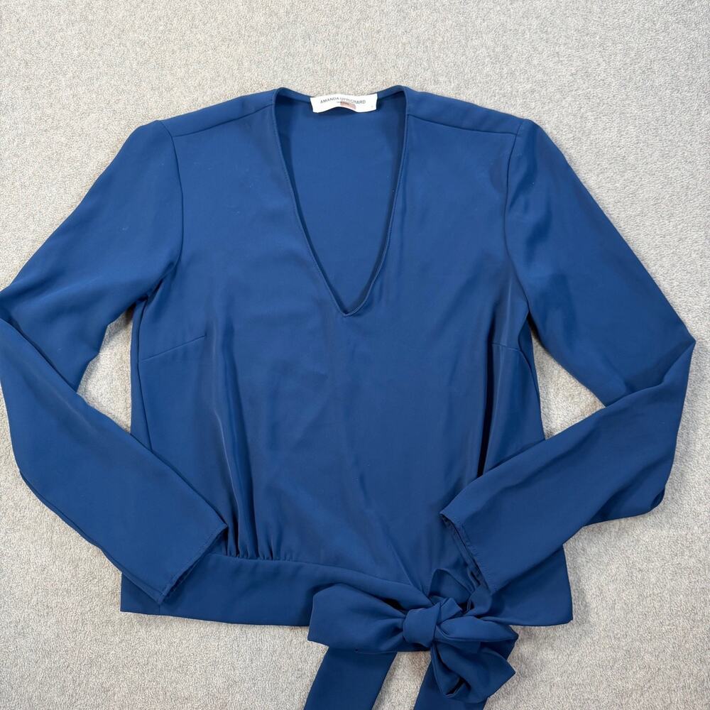 Amanda Uprichard Women's Size XS/P Blue Long Sleeve Tie Front V-Neck Blouse Top